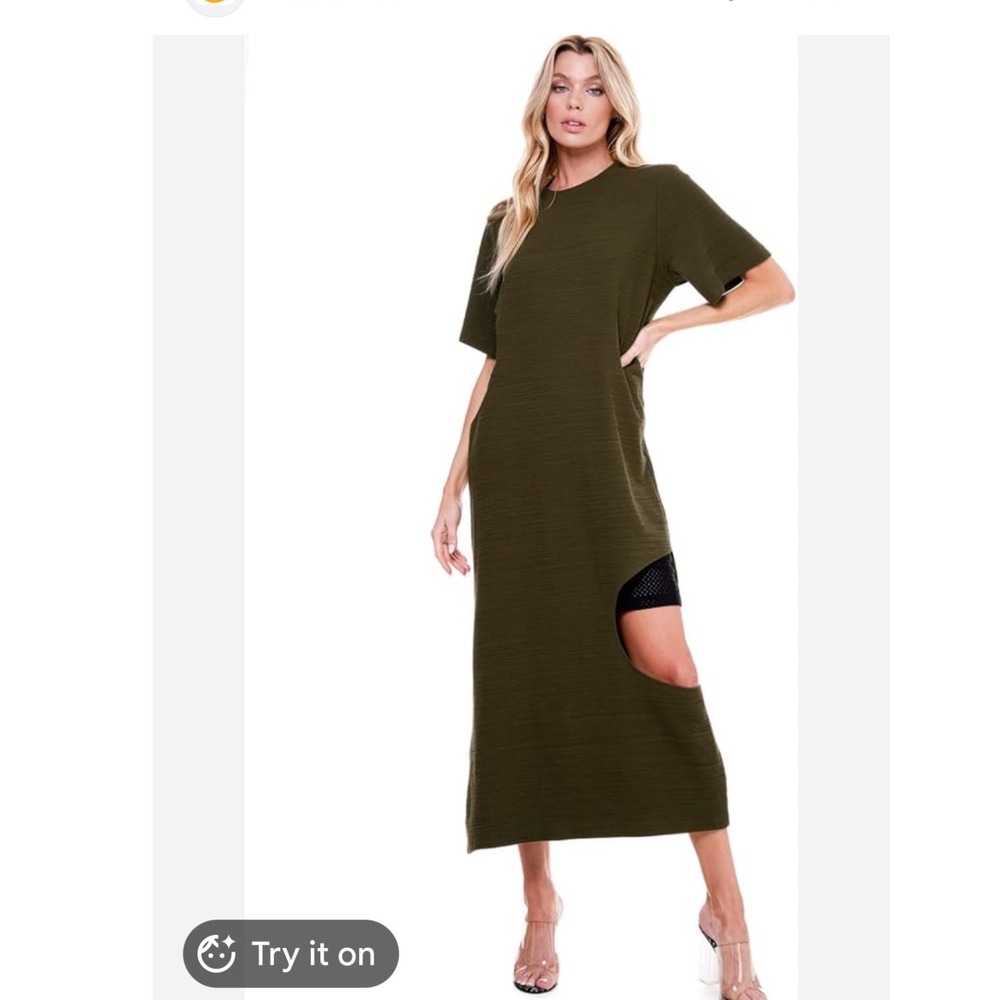 TOV Los Angeles Cut Out Midi Dress 44‎ Olive Green Mesh Layer Ribbed Knit US 16